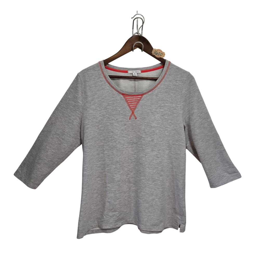 Erin London Women Gray Heather 3/4 Sleeve Top Red Contrast Stitching Size M